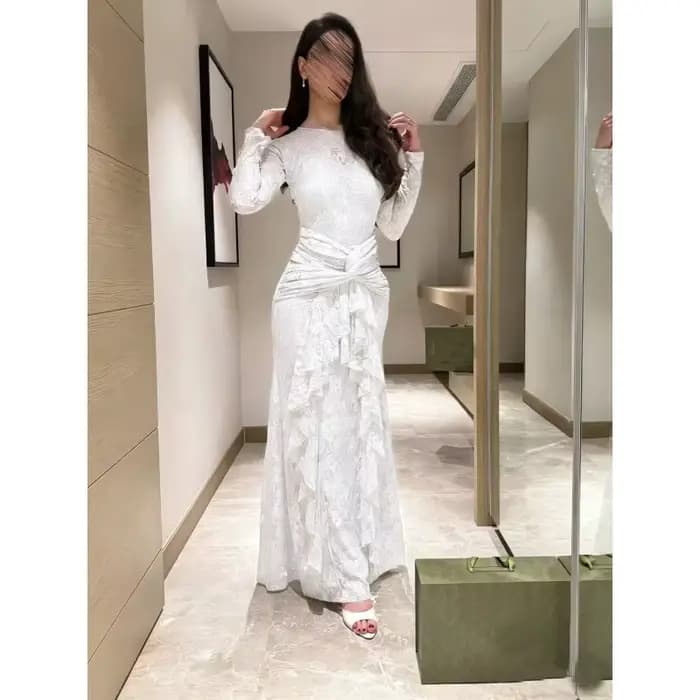 Robe longue en dentelle transparente vert sauge pour femme, à manches longues, avec torsion sur le d