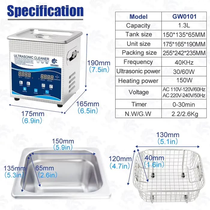 Nettoyeur à ultrasons verre bijoux montre outils 1L 40KHz Machine de nettoyage à ultrasons 60W 120W 