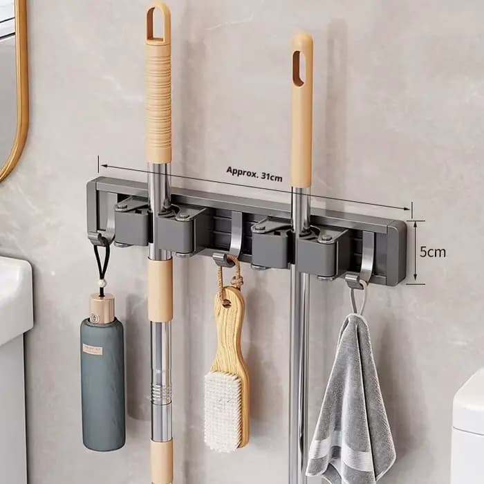 Organisateur de balais et serpillères gris anthracite avec crochets, sans perçage, adhésif puissant,
