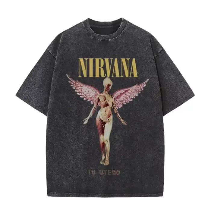 T-shirt décontracté avec imprimé Nirvana Angel In Utero, style vintage délavé, groupe de rock