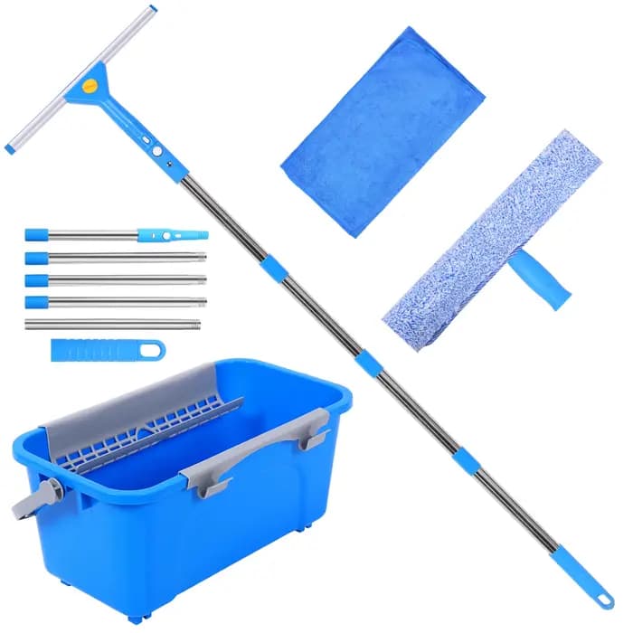 Kit de nettoyage de vitres professionnel avec seau, raclette à long manche réglable et brosse microf