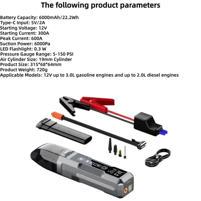 Aspirateur de voiture multifonctionnel 5-en-1 6000Pa avec pompe à air, surveillance de la pression d