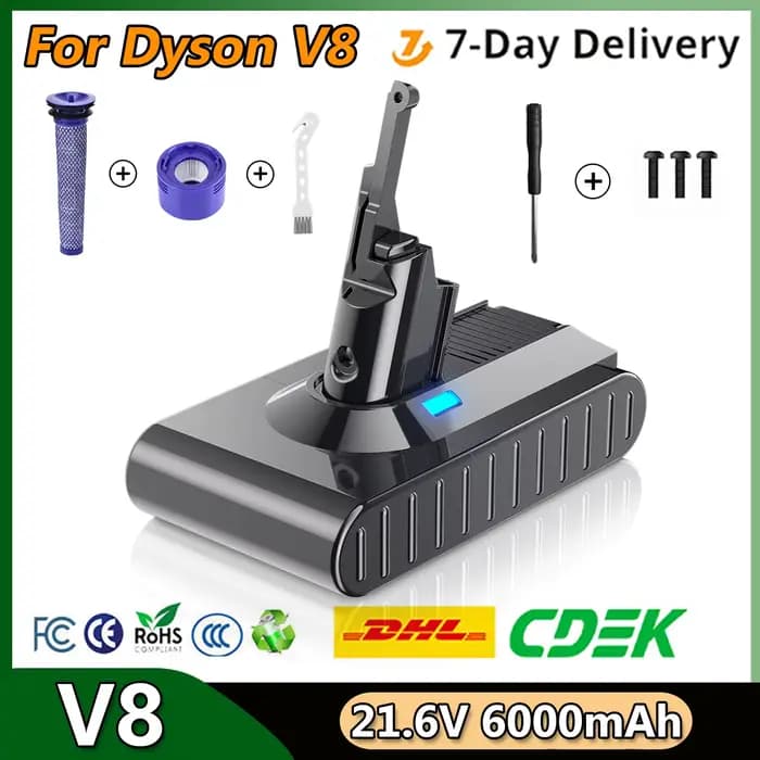 Batterie de remplacement pour aspirateur Dyson V8, 6000mAh, 21.6V, Li-ion, avec pré-filtre, Post-fil