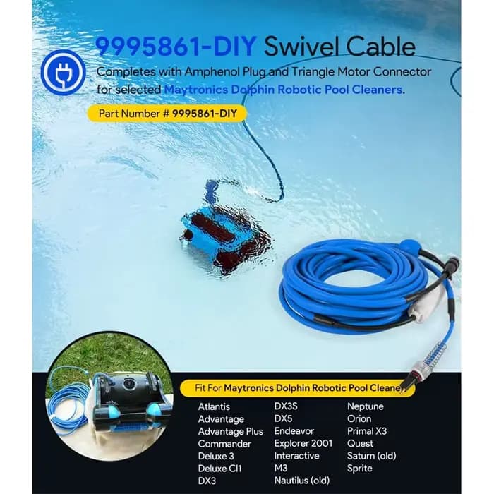 9995861 Câble et pivotant DIY 2 fils pour robot nettoyeurs de piscine Dolphin Nautilus (ancien), DX3, Advantage Plus, Endeavour, 60 pieds