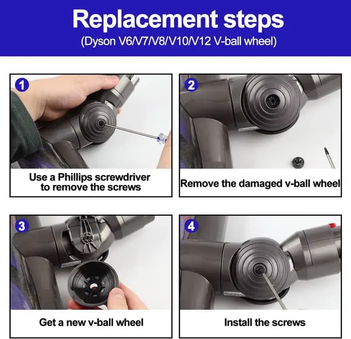 Roue à billes en V pour aspirateur Dyson V6 V7 V8 V10 V11 V12 DC58 DC59 DC62 DC74