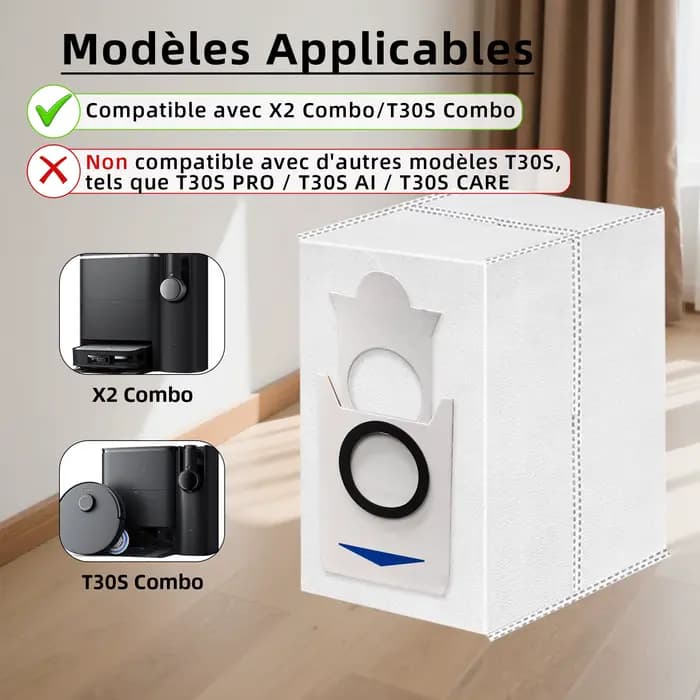 Paquet de 12 sacs à poussière compatibles uniquement avec l'aspirateur Robot complet ECOVACS DEEBOT X2 COMBO / T30S