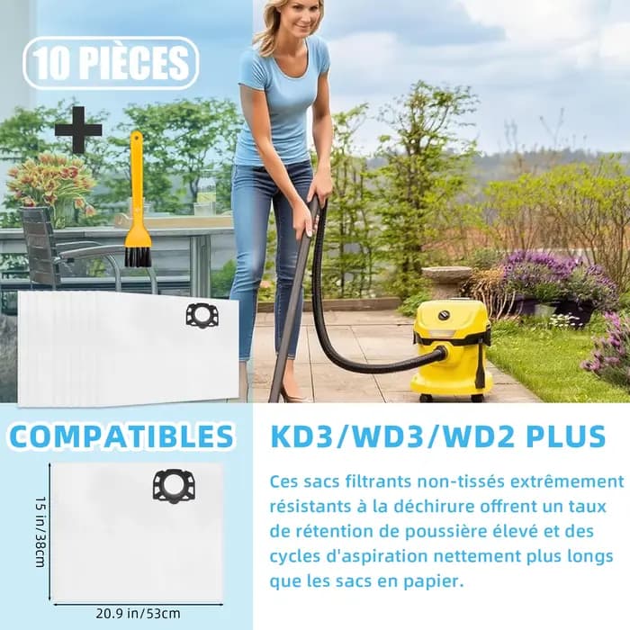 Lot de 5/10 sacs pour aspirateur KFI 357 pour Kärcher WD3s WD 3 V-17/4/20 2.863-314.0 WD2 Plus kwd 3 KWD1-2 SE 4001