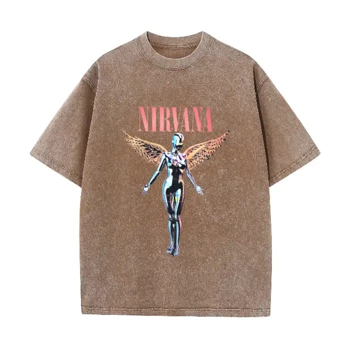 T-shirt décontracté avec imprimé Nirvana Angel In Utero, style vintage délavé, groupe de rock