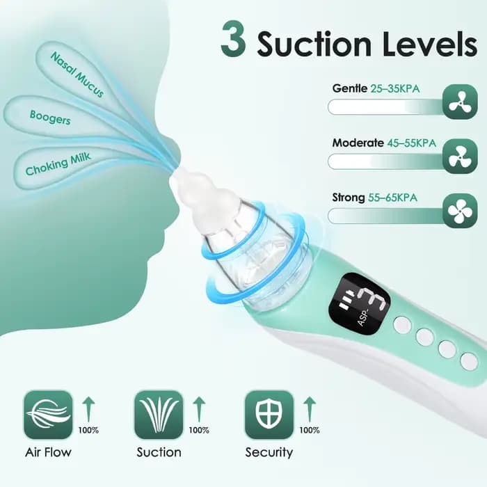 Aspirateur nasal électrique pour bébés avec 3 embouts d'aspiration, nettoyeur nasal, lecture de musique, 3 niveaux d'aspiration, aspirateur nasal pour bébé