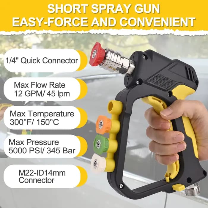 Nettoyeur haute pression Pistolet à jet court Max 5000 PSI avec entrée M22-ID14mm & sortie 1/4” Connecteur rapide & Porte-buses