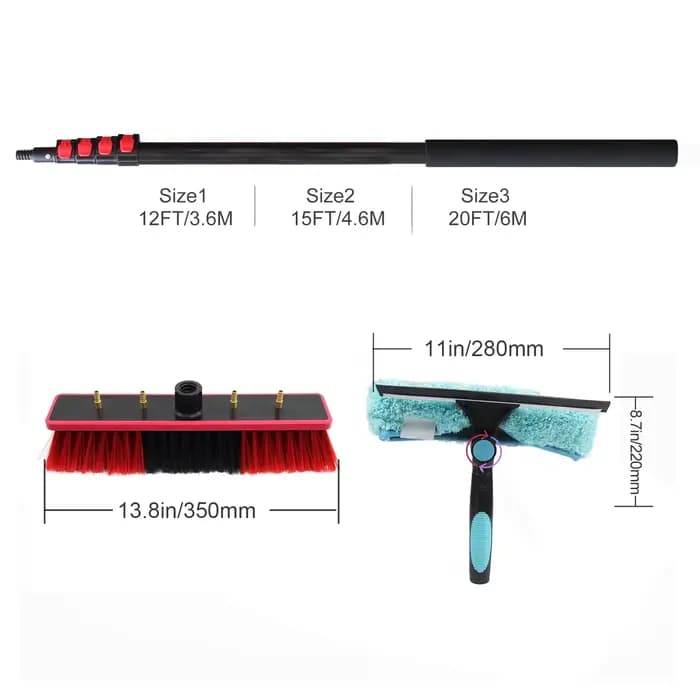 Brosse télescopique de 12/15 pieds alimentée par l'eau avec kit raclette