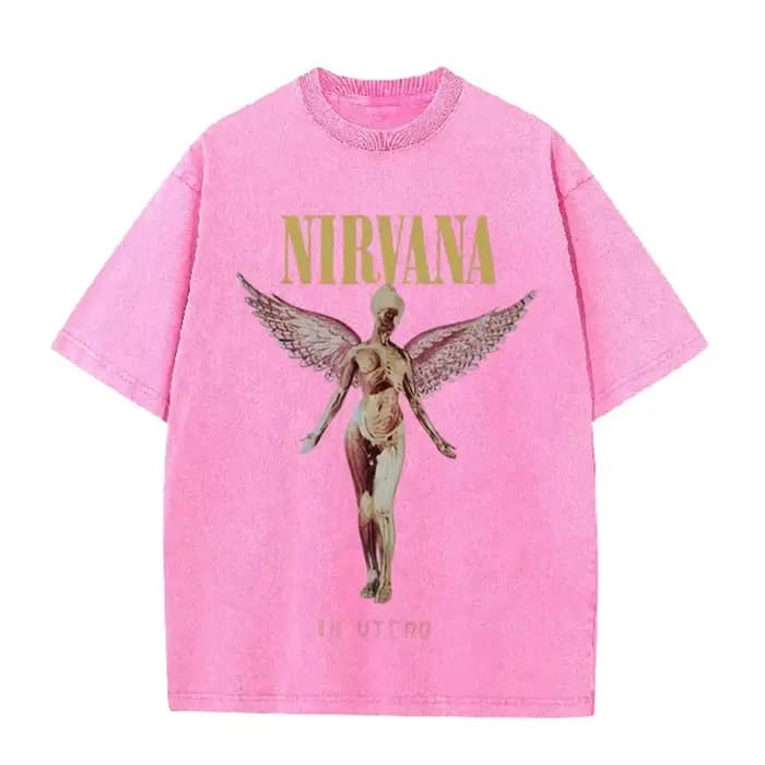 T-shirt décontracté avec imprimé Nirvana Angel In Utero, style vintage délavé, groupe de rock