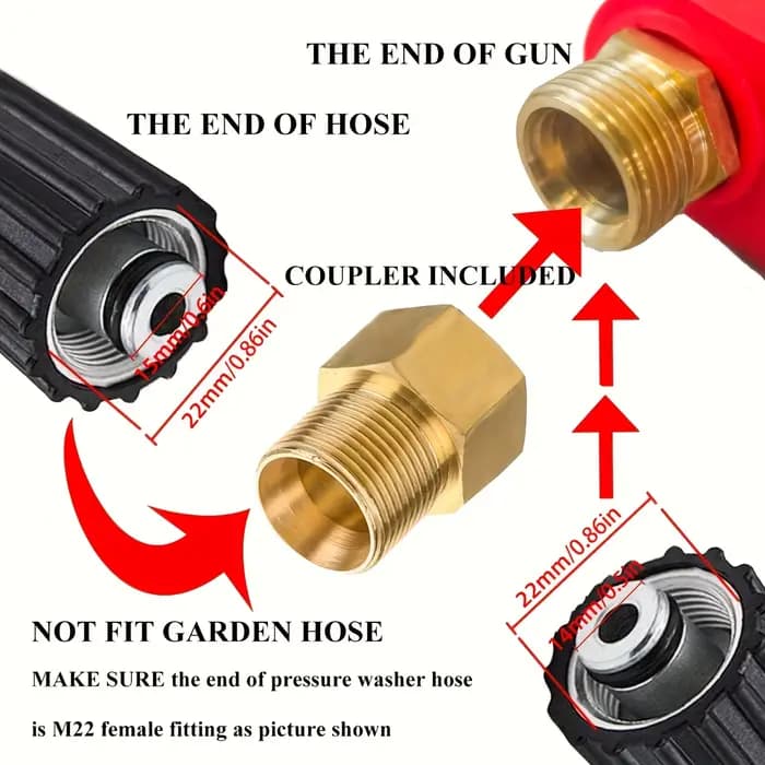 Pistolet de lavage haute pression rouge, pistolet de lavage haute puissance avec extension de lance de remplacement, 5 embouts de buse, raccords M22, 40 pouces, 5000 PSI