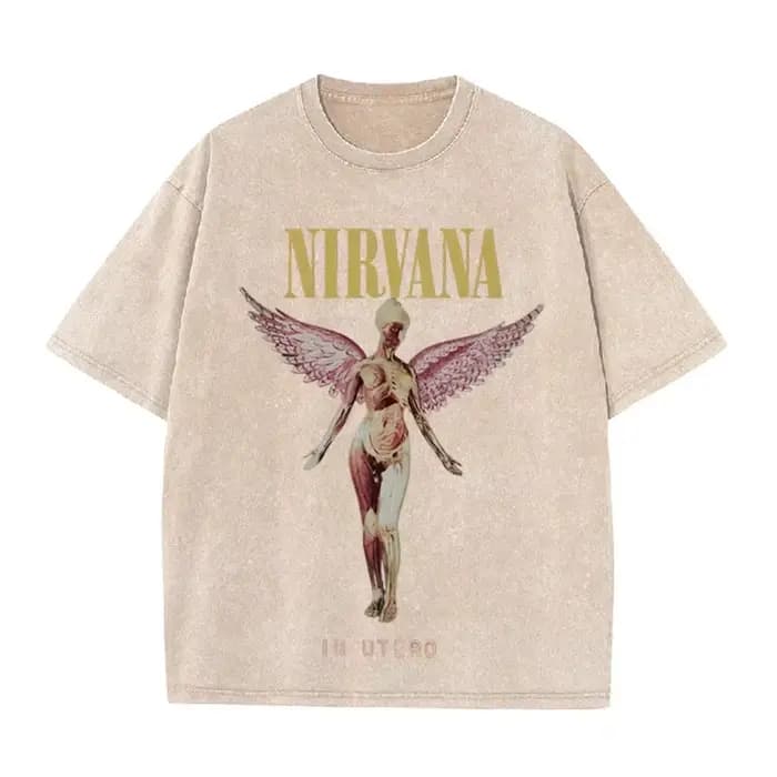 T-shirt décontracté avec imprimé Nirvana Angel In Utero, style vintage délavé, groupe de rock