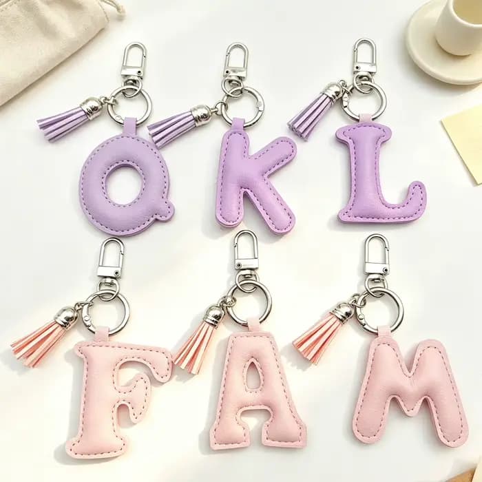 Porte-clés en cuir avec initiale A-Z, mini pompon décoratif, couleur unie, alphabet, ornement de sac à dos, cadeau pour fille