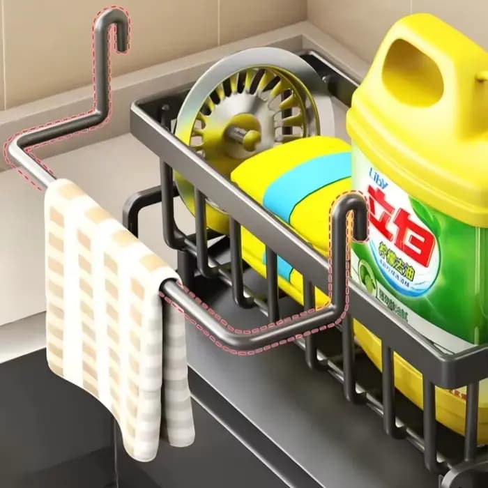 Étagère à épices compacte à fixer sur robinet – Organisateur d'évier avec égouttoir – Rangement de cuisine peu encombrant pour ustensiles/accessoires