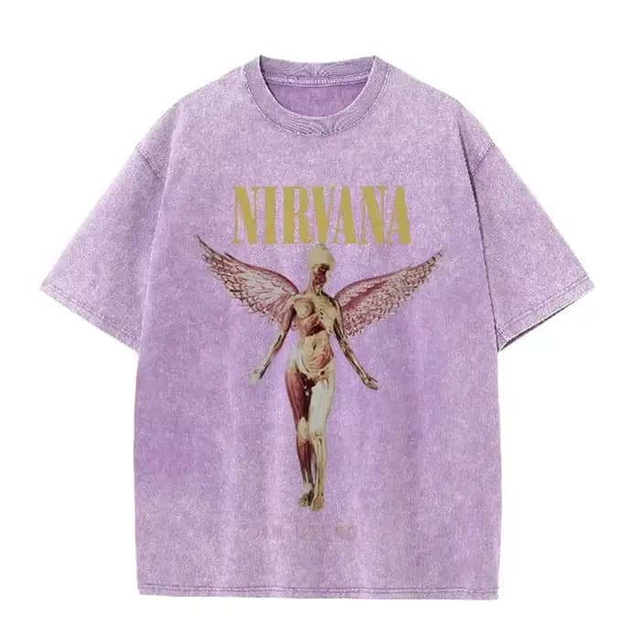 T-shirt décontracté avec imprimé Nirvana Angel In Utero, style vintage délavé, groupe de rock