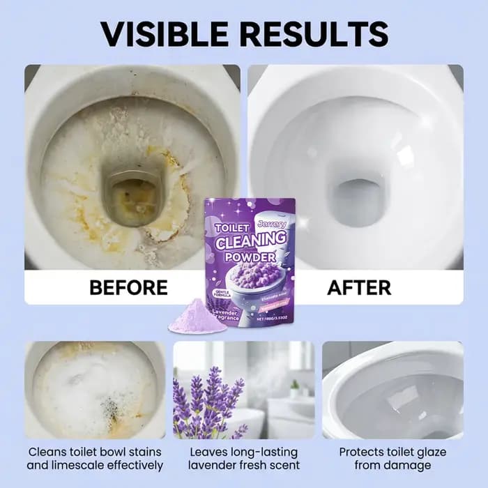 Poudre nettoyante pour cuvettes de toilettes violettes