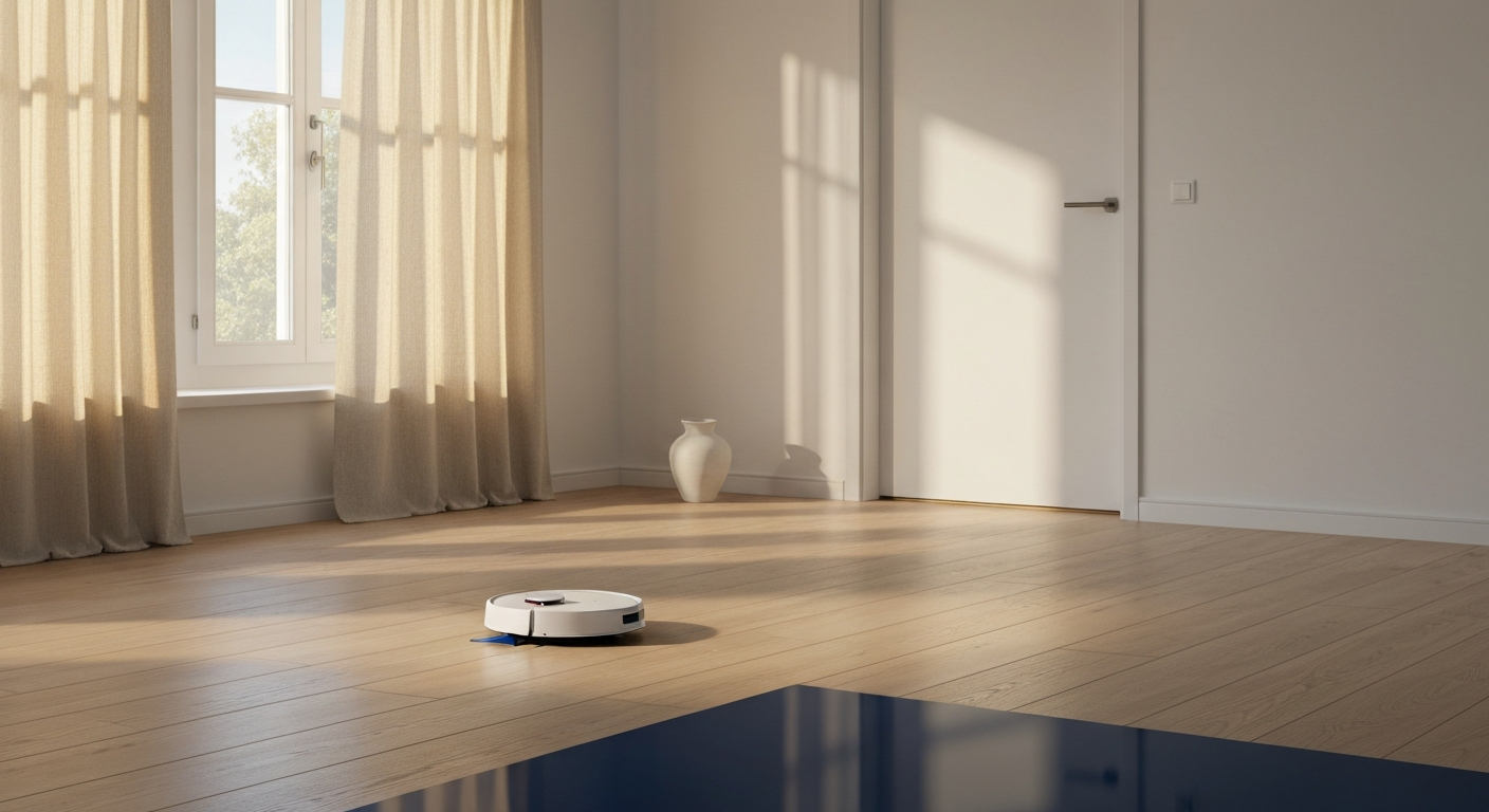 Intérieur scandinave inondé de lumière, robot aspirateur glissant sur parquet — AIR LIBRE par Nettoyageora