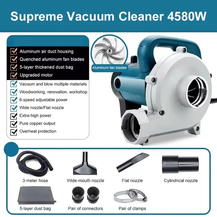 Souffleur sous vide électrique 2 en 1 pour atelier, 4580W, double fonction, collecteur de poussière