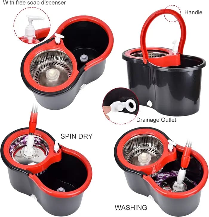 360 ° Ensembles de seaux à vadrouille rotative avec système d'essorage dans 3 têtes en microfibre,