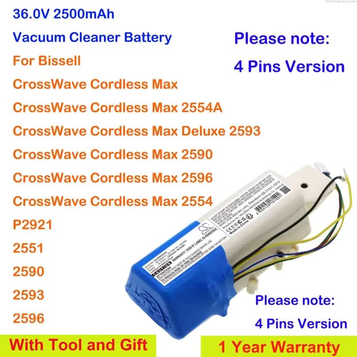 Batterie pour aspirateur 36.0V 2500mAh 1620966 Pour Bissell CrossWave sans fil Max, P2921,2551,259
