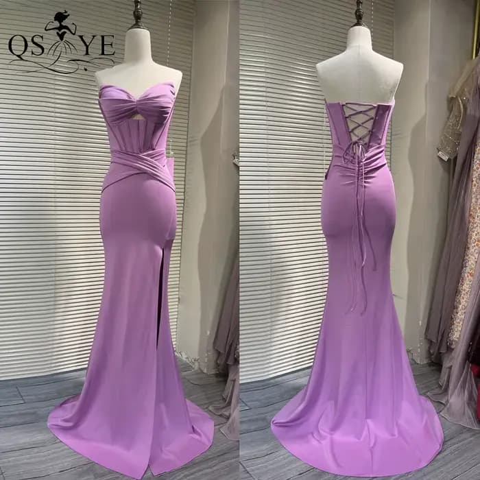 Robe de soirée longue rose vif en satin extensible avec corset baleiné, froncée, épaules dénudées, b