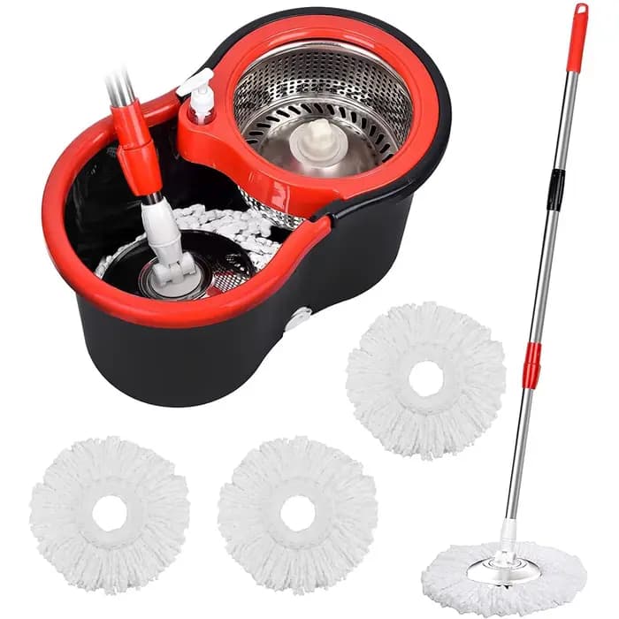 360 ° Ensembles de seaux à vadrouille rotative avec système d'essorage dans 3 têtes en microfibre,