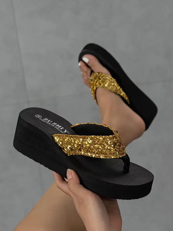 Classique été 2024 pantoufles compensées à paillettes sandales tongs transfrontalières EVA dames bri