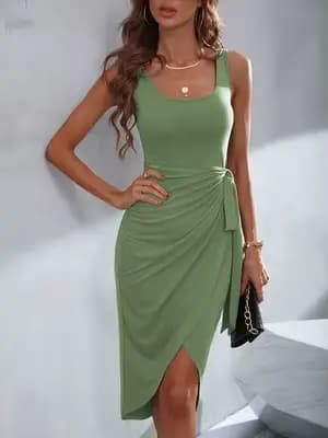 Robe midi moulante sans manches vert sauge pour femme, col carré, taille nouée, fente haute, style p