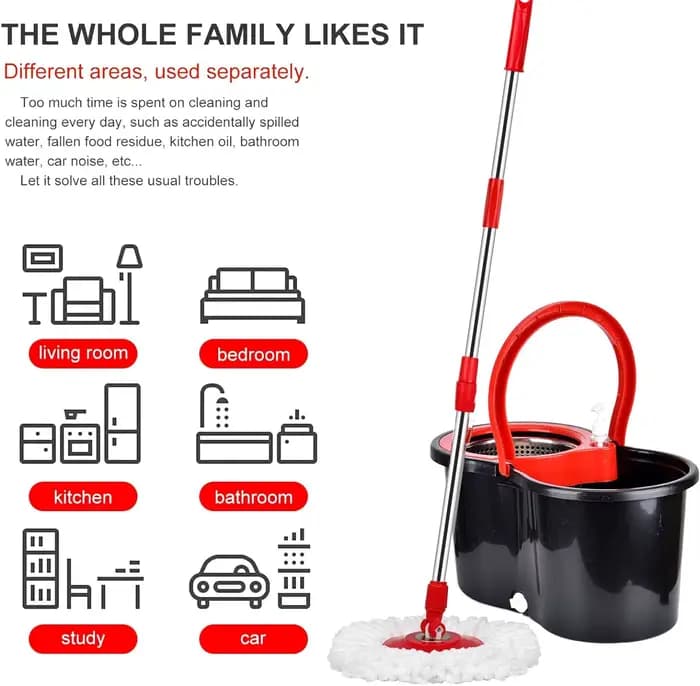 360 ° Ensembles de seaux à vadrouille rotative avec système d'essorage dans 3 têtes en microfibre,