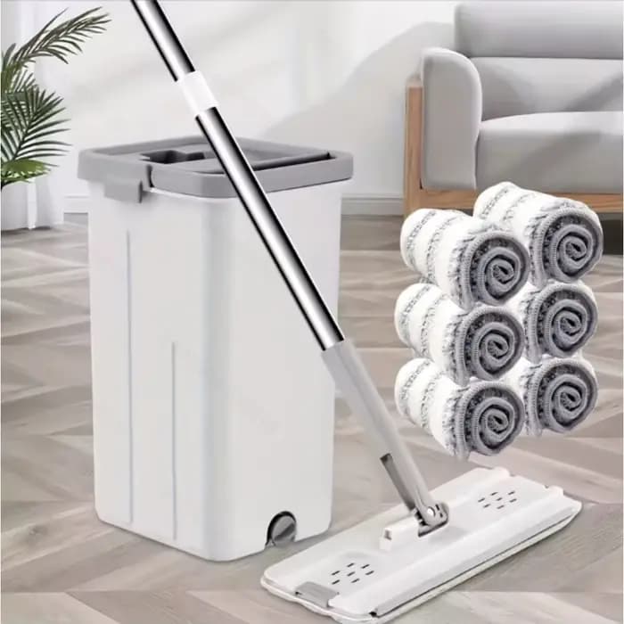 1 ensemble de kit de serpillière plate mains libres avec seau, 6 tampons en microfibre, 360 ° Tête