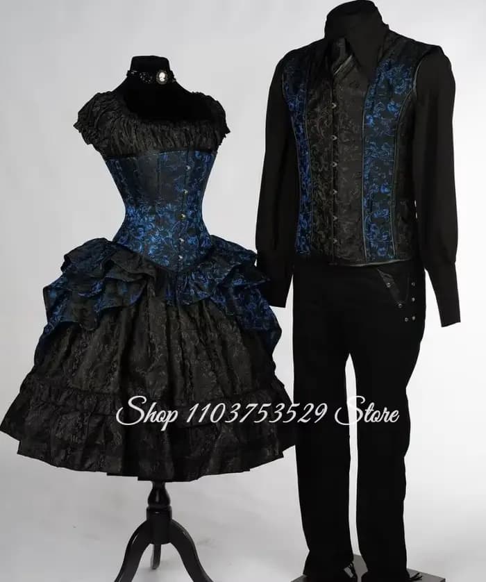 Robe de bal gothique personnalisée, costume victorien en brocart noir et bleu, jupe corset pour femm
