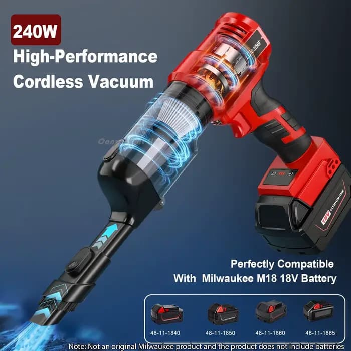 Aspirateur sans fil pour Milwaukee M18 Batterie 18V Aspirateur à main électrique 240W avec aspiration puissante 105AW pour tapis de sol Tables de voiture 5 filtres HEPA remplaçables Trois niveaux régl