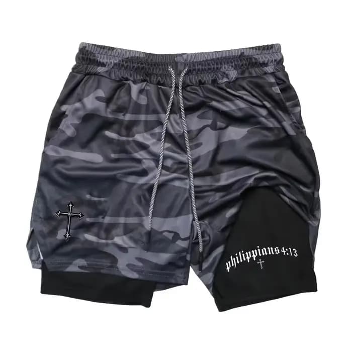 Nouveaux shorts de sport athlétiques 2-en-1 pour hommes, motif biblique chrétien, pour fitness, gym, entraînement et course à pied, avec poche pour téléphone portable et compartiment pour serviette