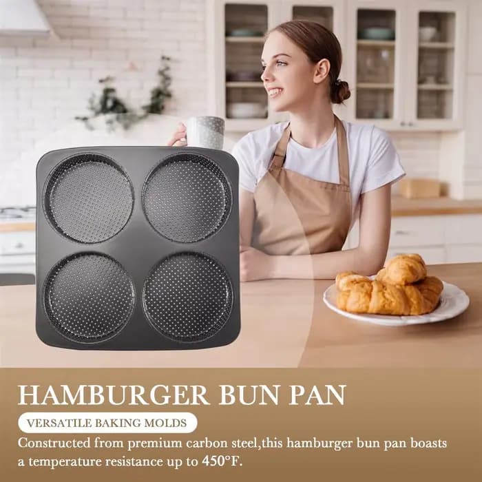 Poêle à hamburger AA91, moule à hamburger antiadhésif en acier au carbone de 5 pouces, grande plaque de cuisson de 4 tasses pour petits pains à hamburger faits maison