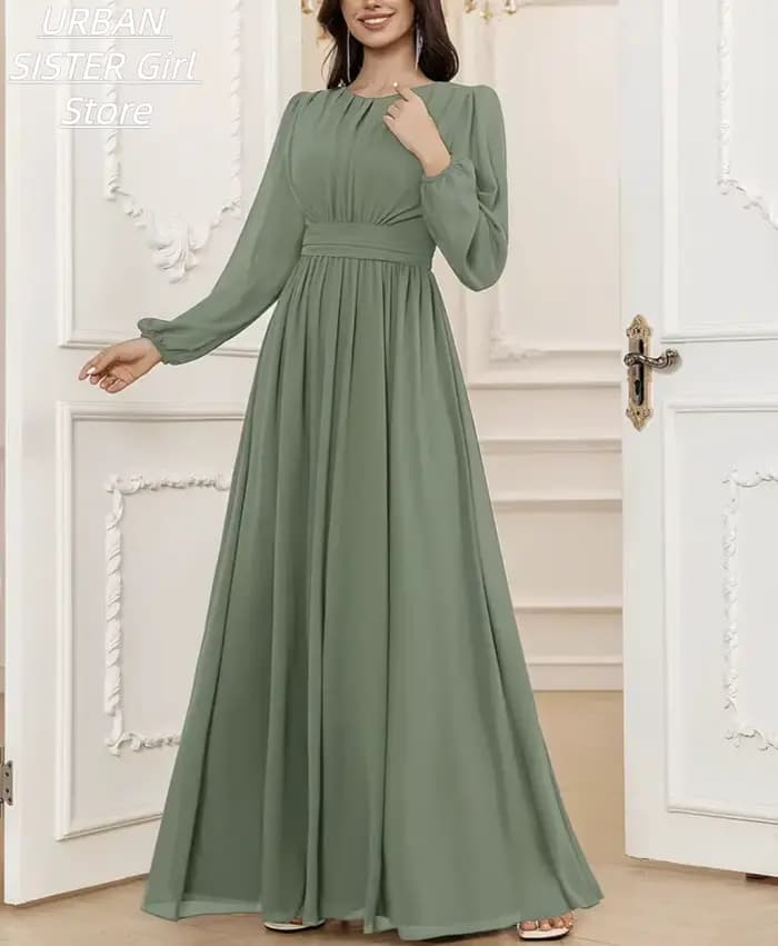 Robe longue en mousseline de soie vert sauge à col rond, avec devant plissé, manches lanternes et design fluide, idéale pour les femmes musulmanes, les célébrations de l'Aïd et les invitées de mariage