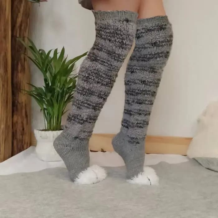 Femmes hiver genou chaussettes hautes rayé Patchwork patte de chat chaussette polaire chaud bottes chaussettes jambières chaussettes hautes pour les filles bas