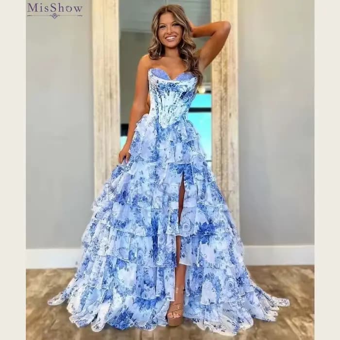 Robes de bal personnalisées MisShow, corset sans bretelles en mousseline de soie, à volants superposés floraux, fente haute, robe de soirée élégante et formelle, Vestidos