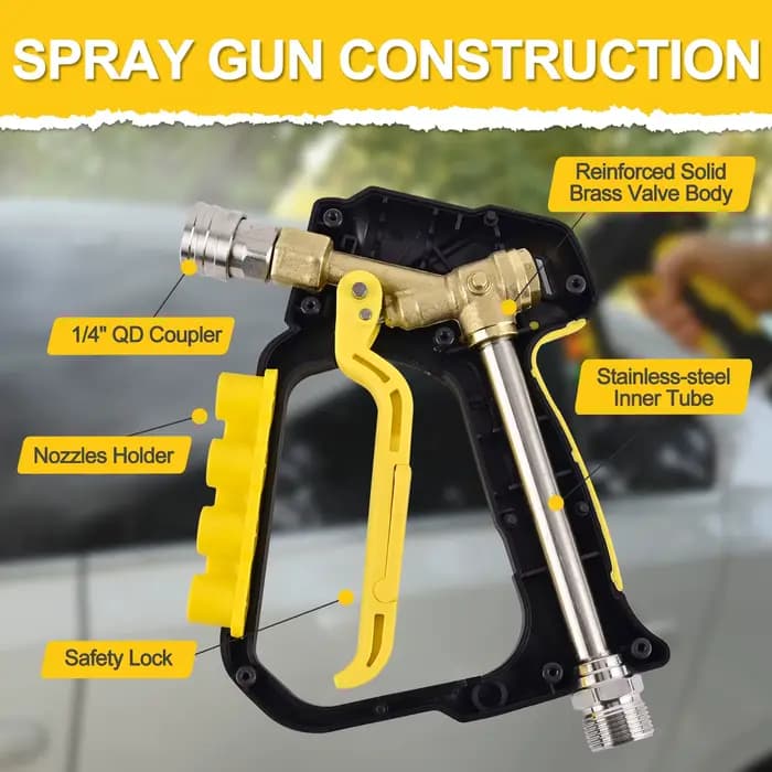 Nettoyeur haute pression Pistolet à jet court Max 5000 PSI avec entrée M22-ID14mm & sortie 1/4” Connecteur rapide & Porte-buses