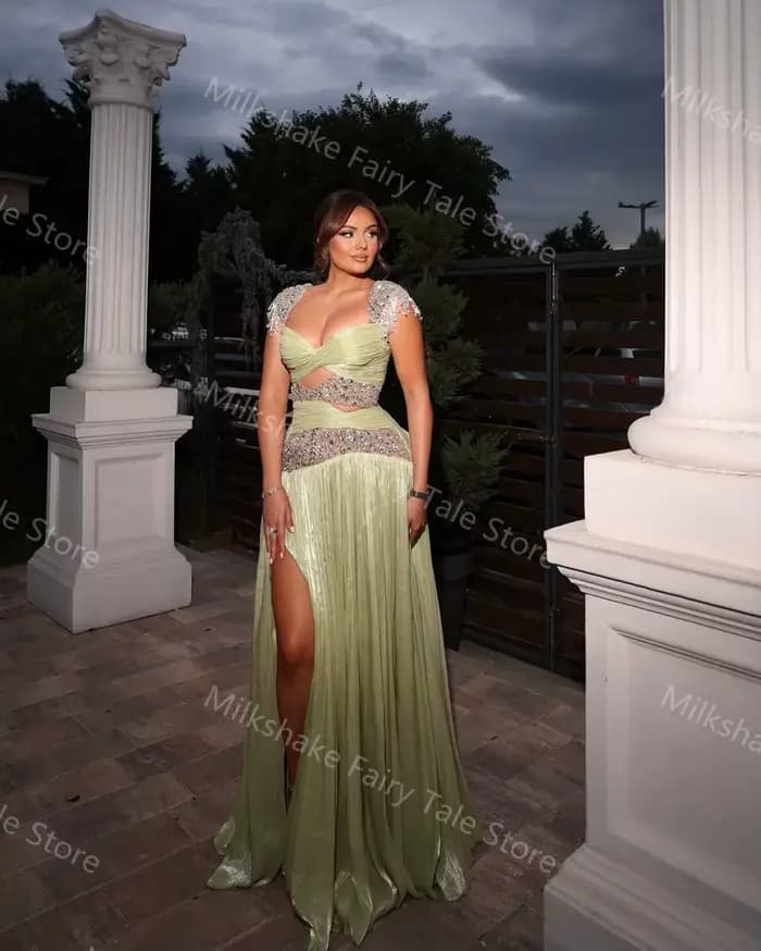 Robes de soirée vert sauge coupe trapèze, magnifiques perles, sans manches, fente latérale, longueur ras du sol, robes personnalisées pour occasions spéciales