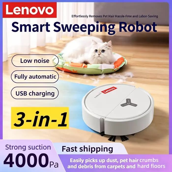 Robot aspirateur intelligent 3-en-1 Lenovo 4000Pa pour tapis et sols durs – Appareil de nettoyage domestique
