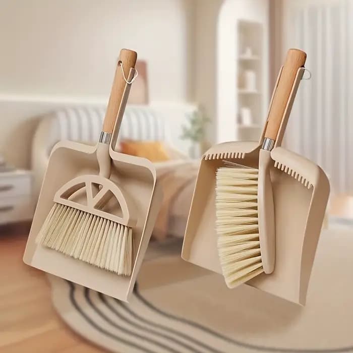Ensemble balai et pelle à poussière avec manche en bois pour le nettoyage des sols et des meubles