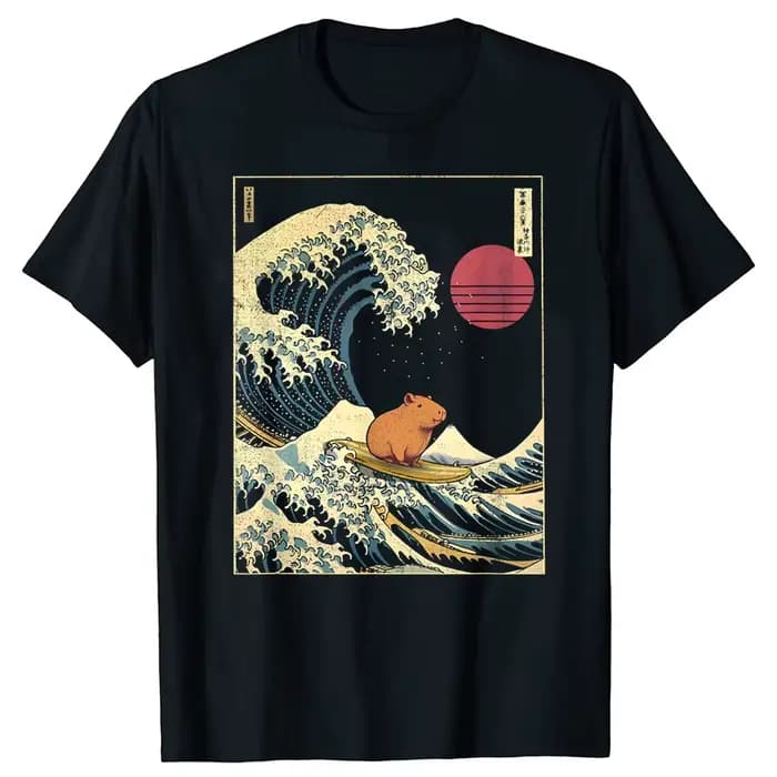 Capybara vague japonaise drôle Surf Animal t-shirts hommes pur coton Humor Streetwear t-shirt à manches courtes unisexe vêtements amples