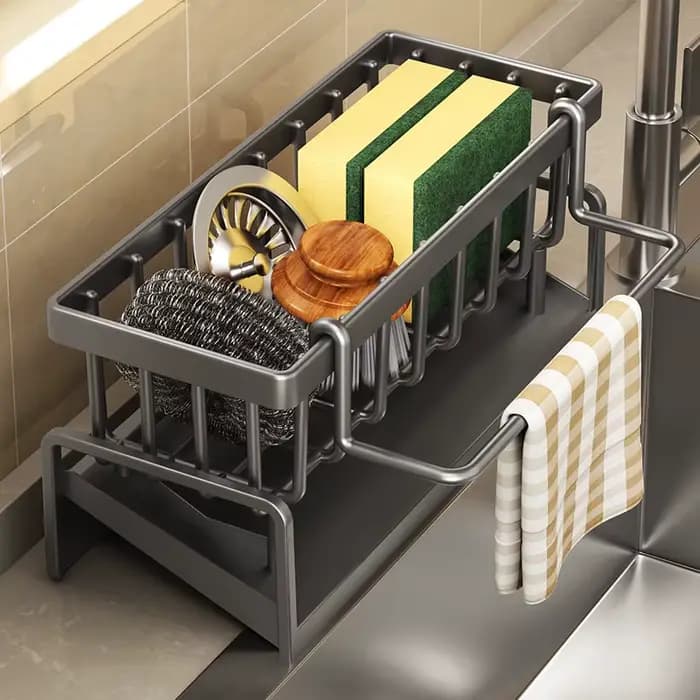 Étagère à épices compacte à fixer sur robinet – Organisateur d'évier avec égouttoir – Rangement de cuisine peu encombrant pour ustensiles/accessoires