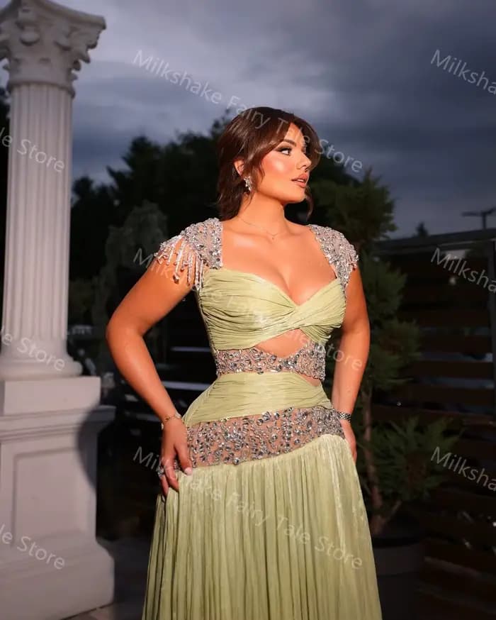 Robes de soirée vert sauge coupe trapèze, magnifiques perles, sans manches, fente latérale, longueur ras du sol, robes personnalisées pour occasions spéciales