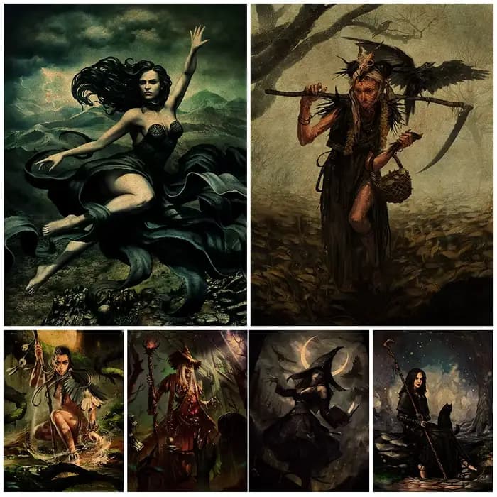 Peinture sur toile de sorcière maléfique sous croissant de lune, affiche et imprimé pour décor de salon, sans cadre