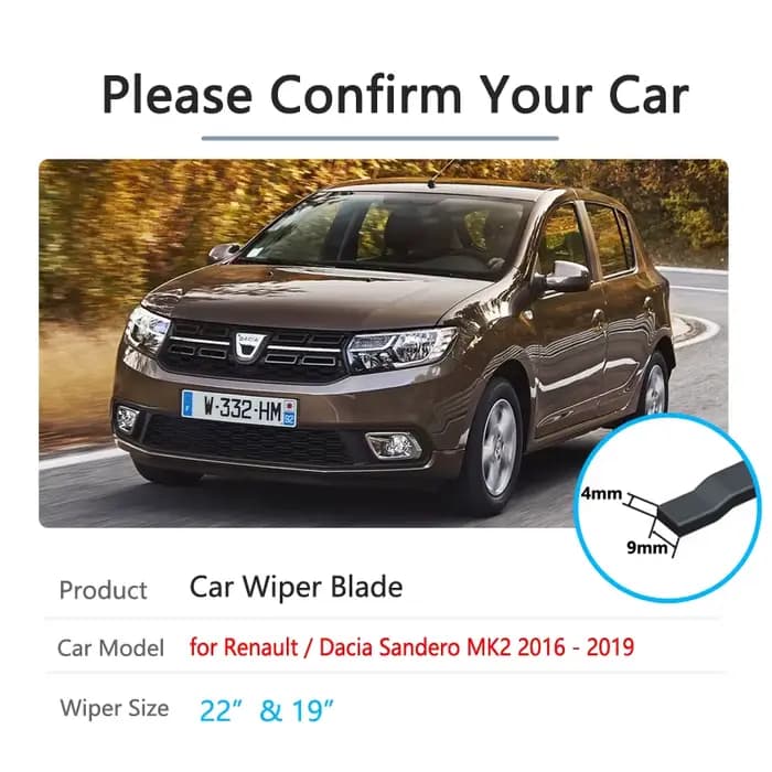 Balai d'essuie-glace de voiture pour Dacia Renault Sandero MK 2 2016 2017 2018 2019