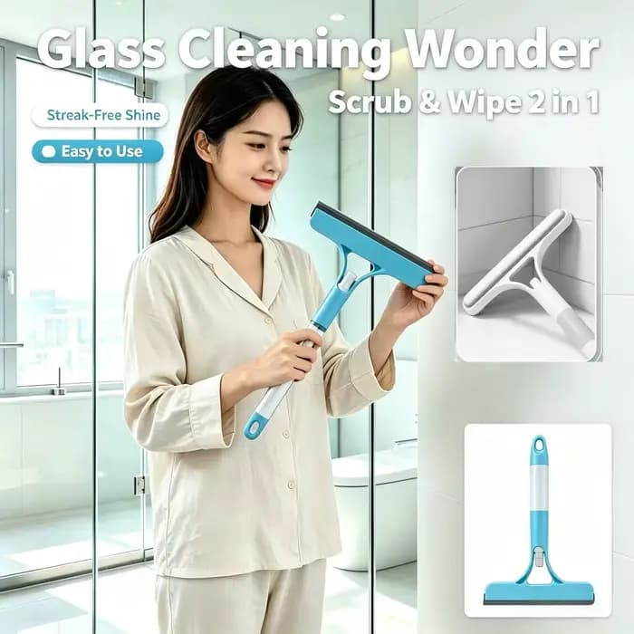 Un nettoyant pour vitres 3-en-1. Comprend une tête de brosse double face et un grattoir