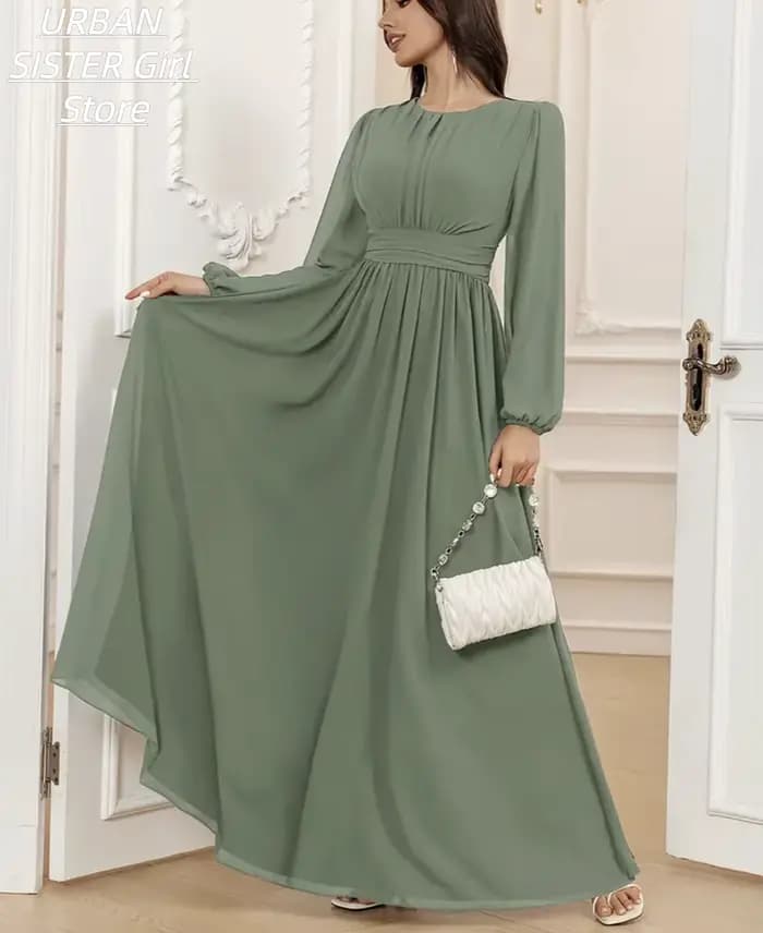 Robe longue en mousseline de soie vert sauge à col rond, avec devant plissé, manches lanternes et design fluide, idéale pour les femmes musulmanes, les célébrations de l'Aïd et les invitées de mariage